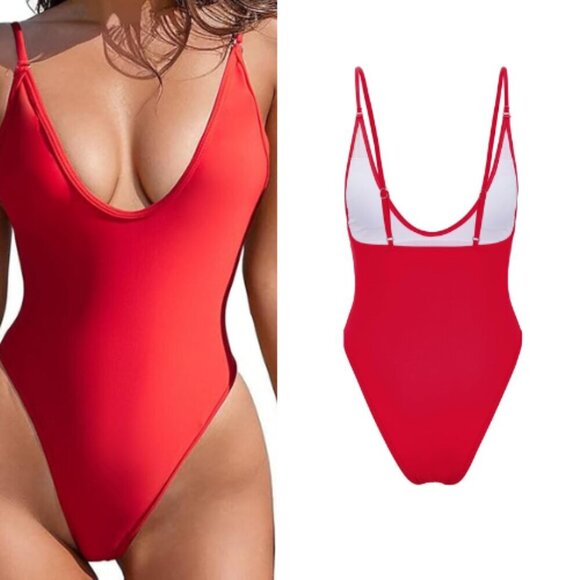 31.🆕Large Red Deep Plunge Front High Leg Cheeky Bottom One-Piece Swimsuit –NWOT - Picture 1 of 3